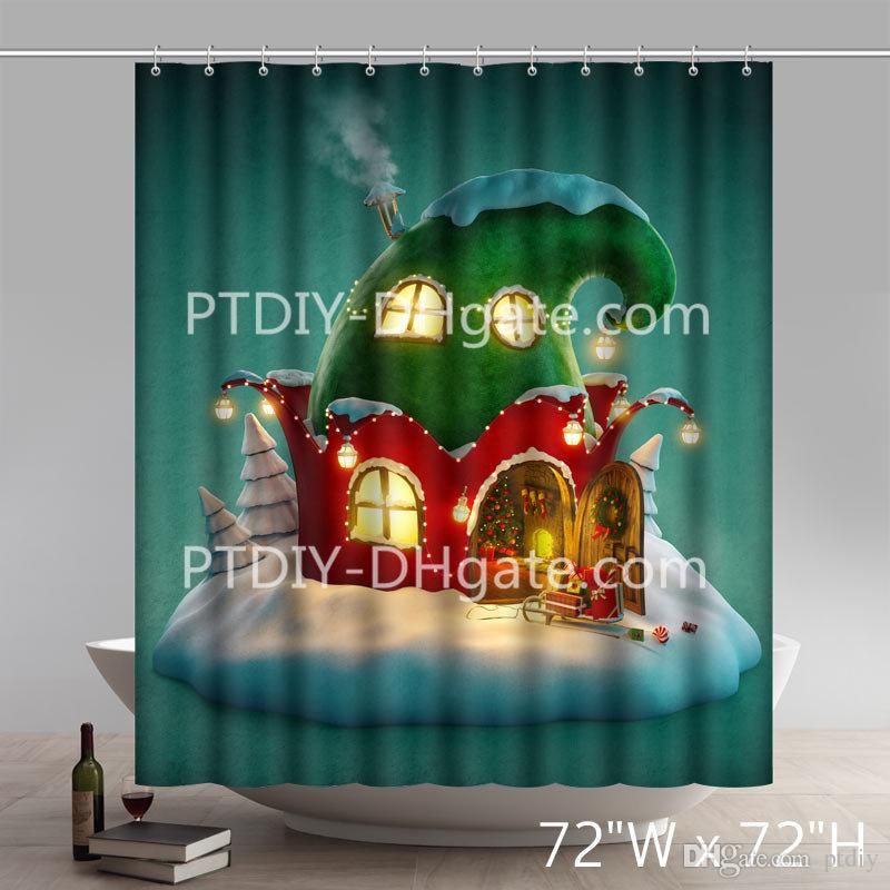 60x72/" Christmas Snow Santa Castle Polyester Waterproof Shower Curtain Hooks Set