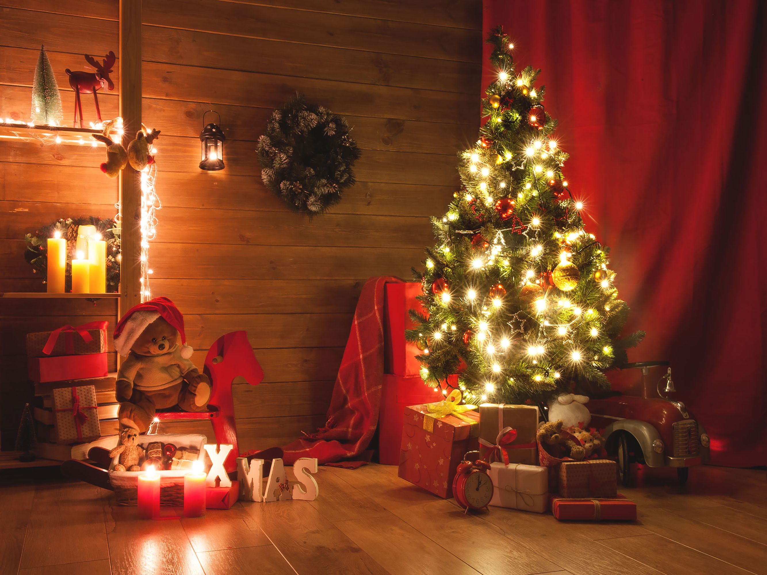 2020 Indoor Night Christmas Tree Decorated Vinyl Photography Backdrops