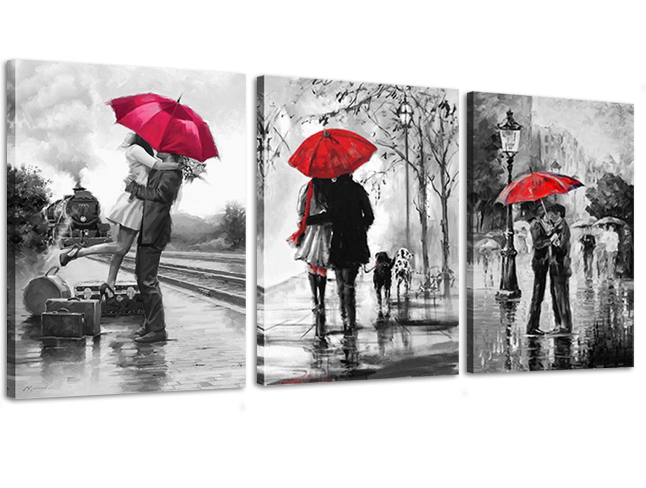 3pcs Canvas Wall Art Black White And Red Umbrella Loves In Street Printed On Framed Picture For Decor