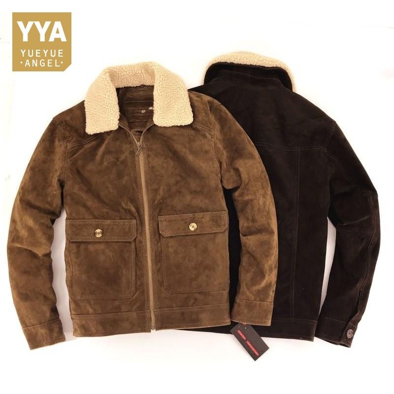 Fashion Men Flying Jacket Fur Collar Pigskin Genuine Leather Man Casual Slim Fit Biker Outwear Coat Plus Size