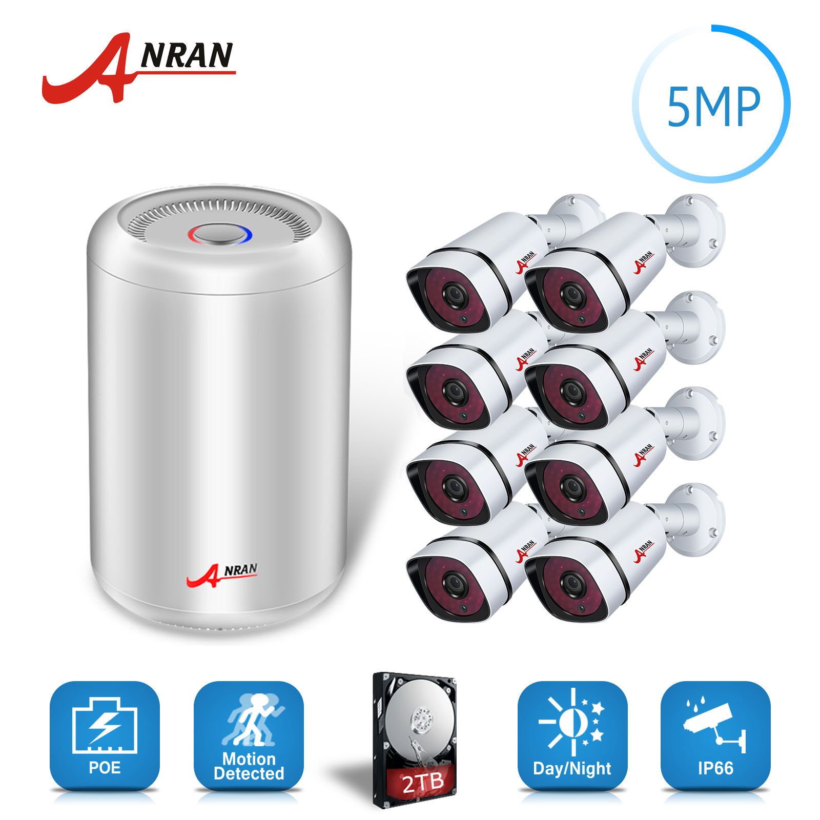 Système Cctv Caméra Disque Extérieur Nocturne 2to Dur Poe Anran De Sécurité Ip 1944p 5mp 8ch Hdmi Vision Ir zUSMqVpG