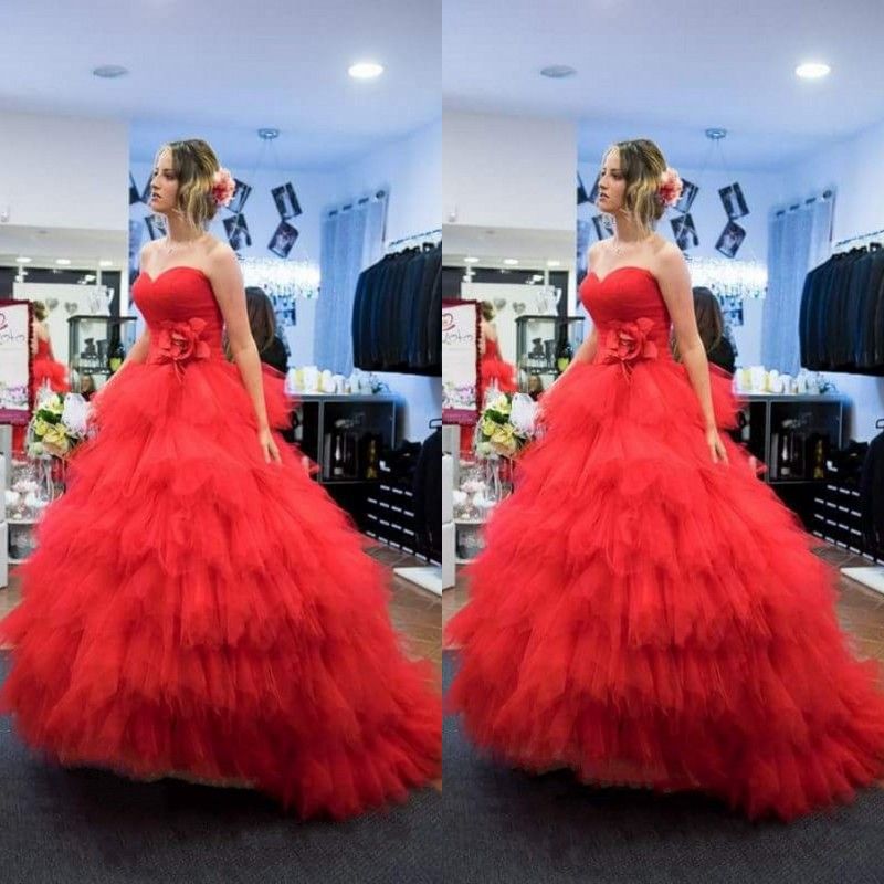 2019 Beautiful Red Prom Dresses Long Sweetheart Neckline Tiered Ruffles