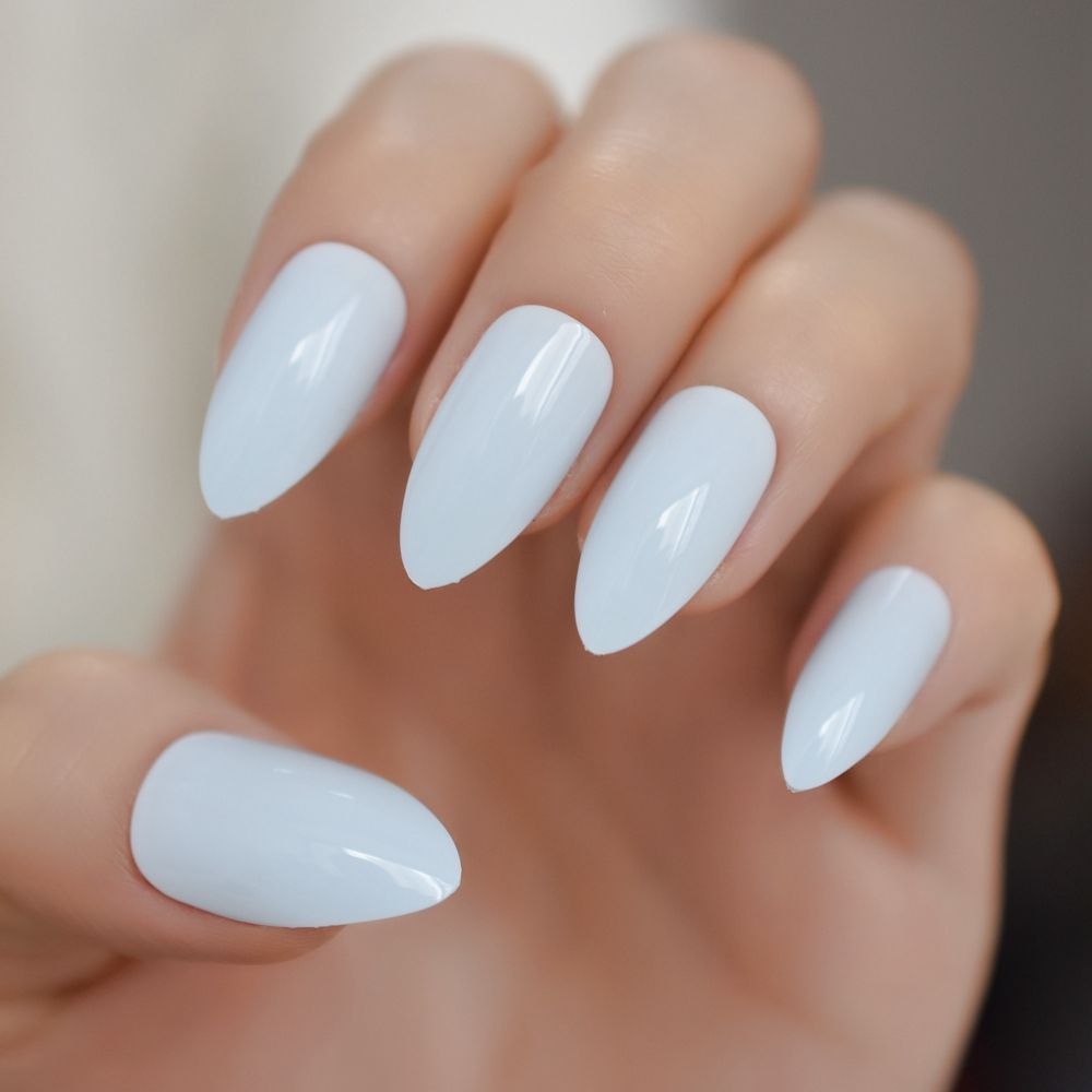 Light Blue Stiletto Press On False Nail Soft Blue Uv Gel Acrylic Full Cover Pointed Fake Nails Free Glue Tapes Sticker