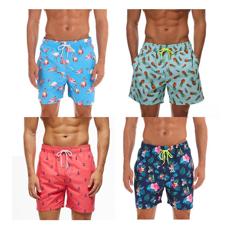 2021 Men Swim Trunks Flamingo Pineapple Printed Elastic Waist Swimwear