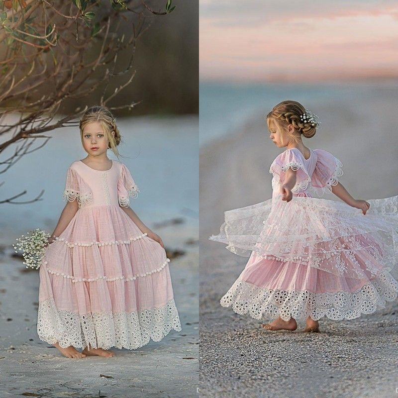 Pink Bohemian Flower Girl Dresses For Weddings Ruffle Lace Little Girls