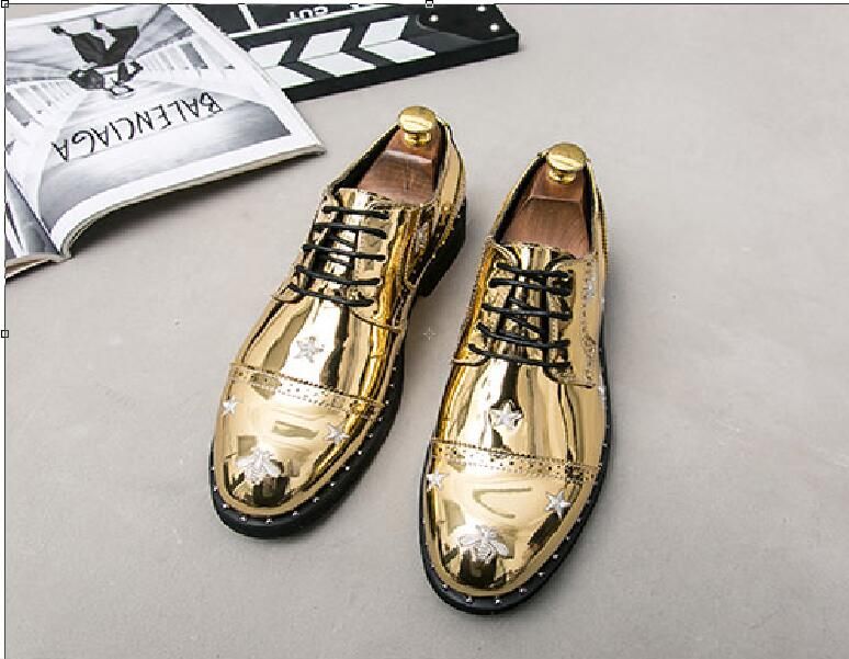 Gold Men Dress Shoes Lace Up Fashion Mens Oxfords Brogue Dress Oxfords