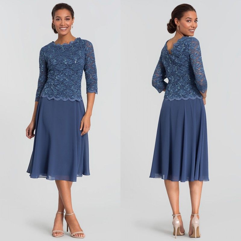 3/4 Long Sleeve Mother Of Bride Dresses Tea Length Chiffon Skirt Party