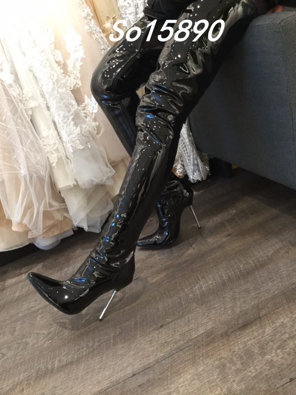 Custom Black Shiny Thigh High Boots For Women Poind Toes 12Cm Silver