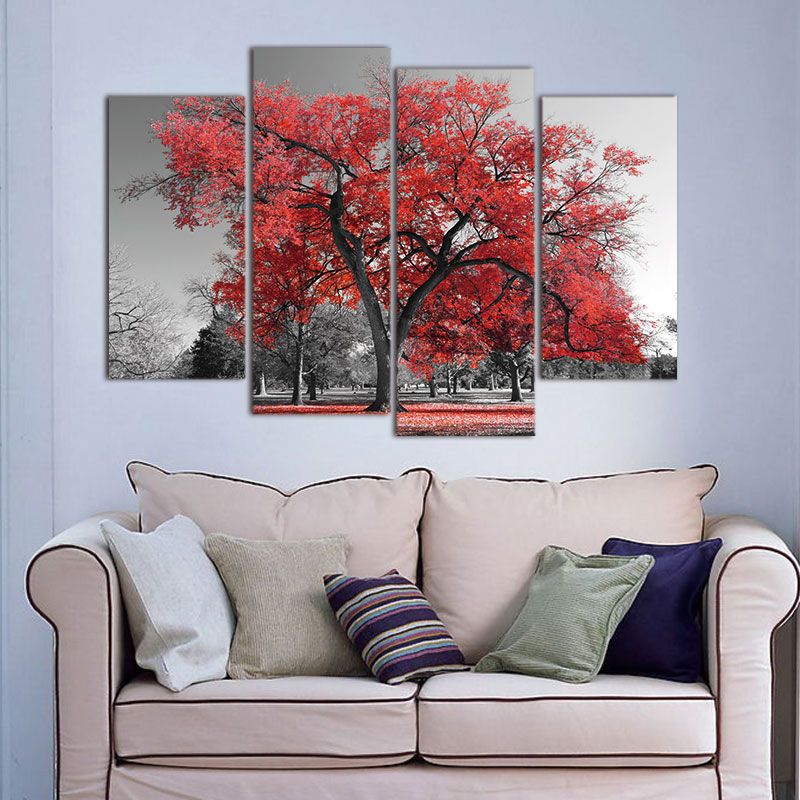 Photo Wall Modular Pictures For Living Room Decorative 4 Panel Pcs Red Tree Landscape Abstract Frame Hd Poster Canvas Painting