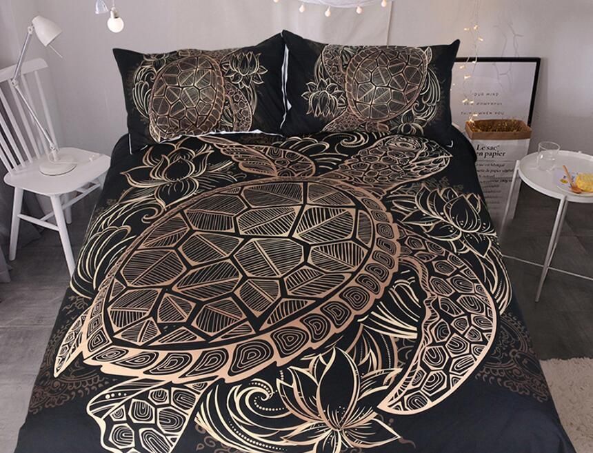 Us Au Size 3pcs Luxury Bedding Set Duvet Animal Golden Tortoise Turtles Elephant Bed Cover King Sizes Flowers Lotus Supplies