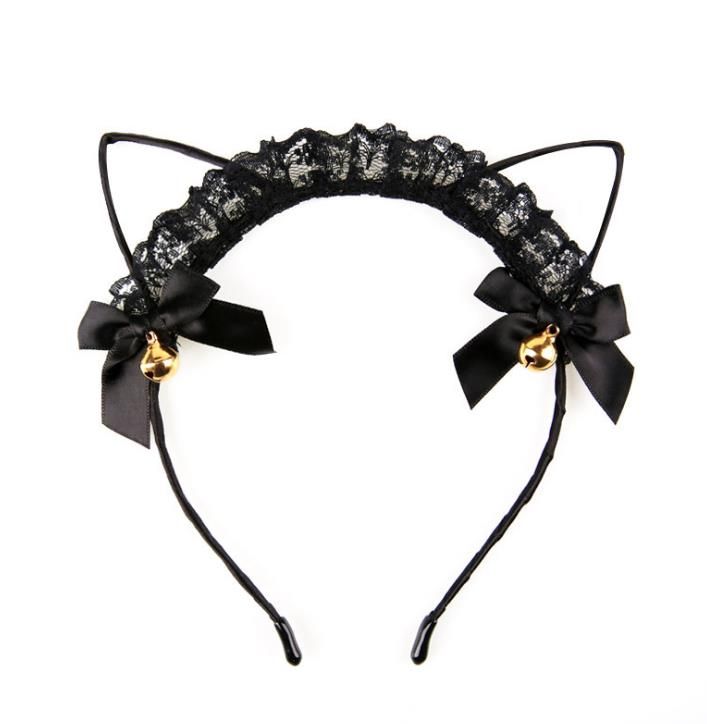2021 Black Lace Cat Ear Headband Ribbon + Golden Bells Kawaii Kitty