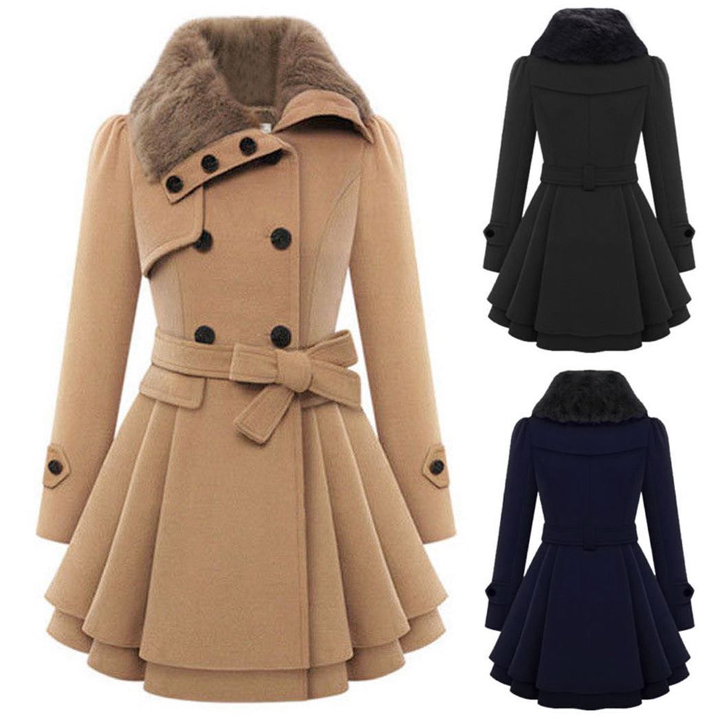 2020 2018 Winter Women Wool Coat Thick Warm Double Breasted Jacket Overcoat With Belt Fashion