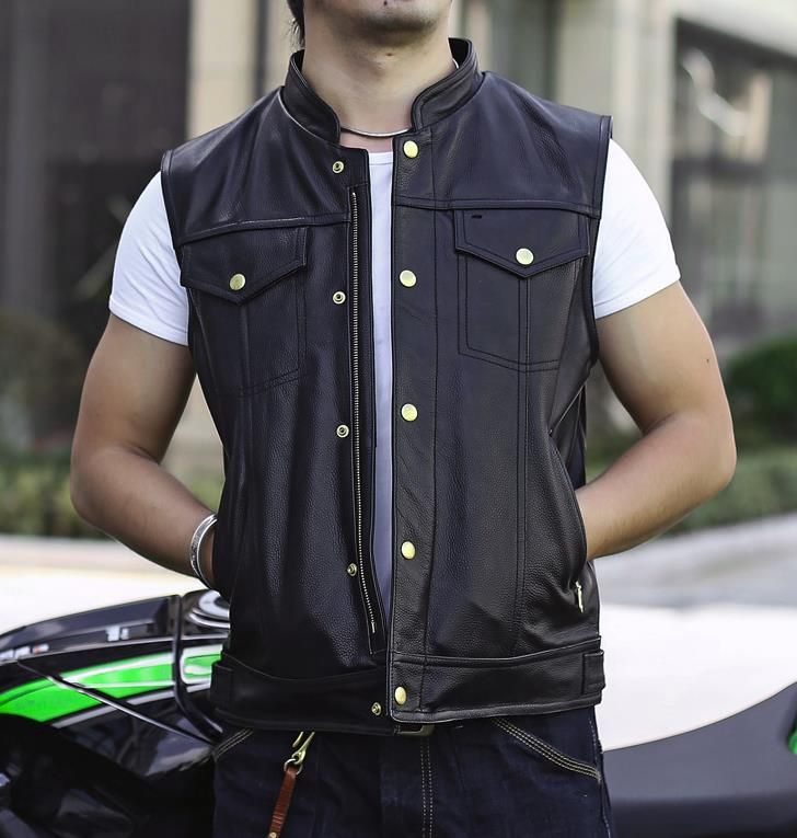2021 Mens Genuine Real Leather Waistcoat Motorcycle Biker Vest Zipper