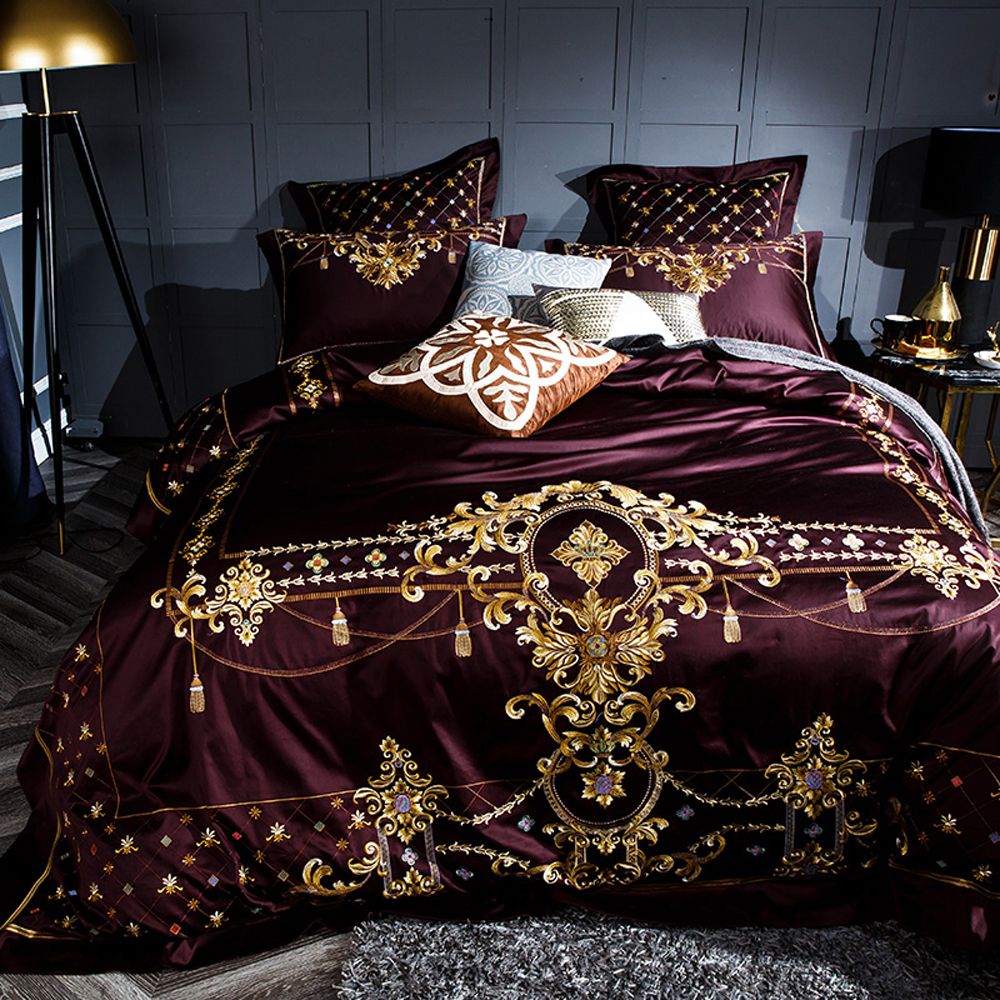 2018 Noble European Wine Red Duvet Cover Set Soft Egyptian Cotton Bedlinens 4 6pcs Queen King Size Bedding Cushion Covers