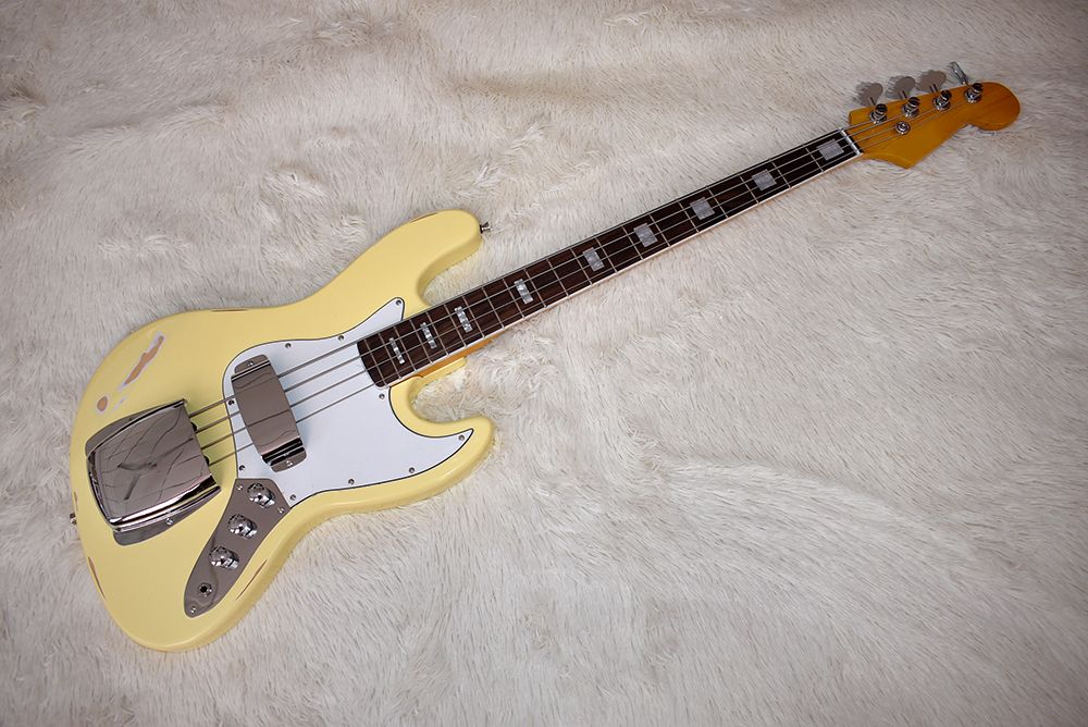 Factory Custom 4 Strings Milk Yellow Electric Bass Guitar With Vintage