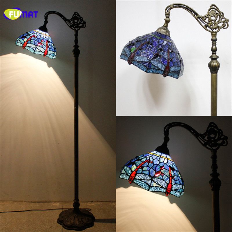 Fumat Stained Glass Floor Lamp Vintage Style Dragonfly Baroque Fishing Stand Lights Living Room Hotel Bar Decor Light Fixtures