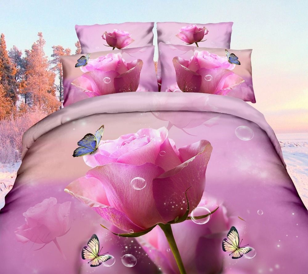 3d Bedding Pink Rose Duvet Cover Set 4pcs Flat Sheet 2 Pillowcase