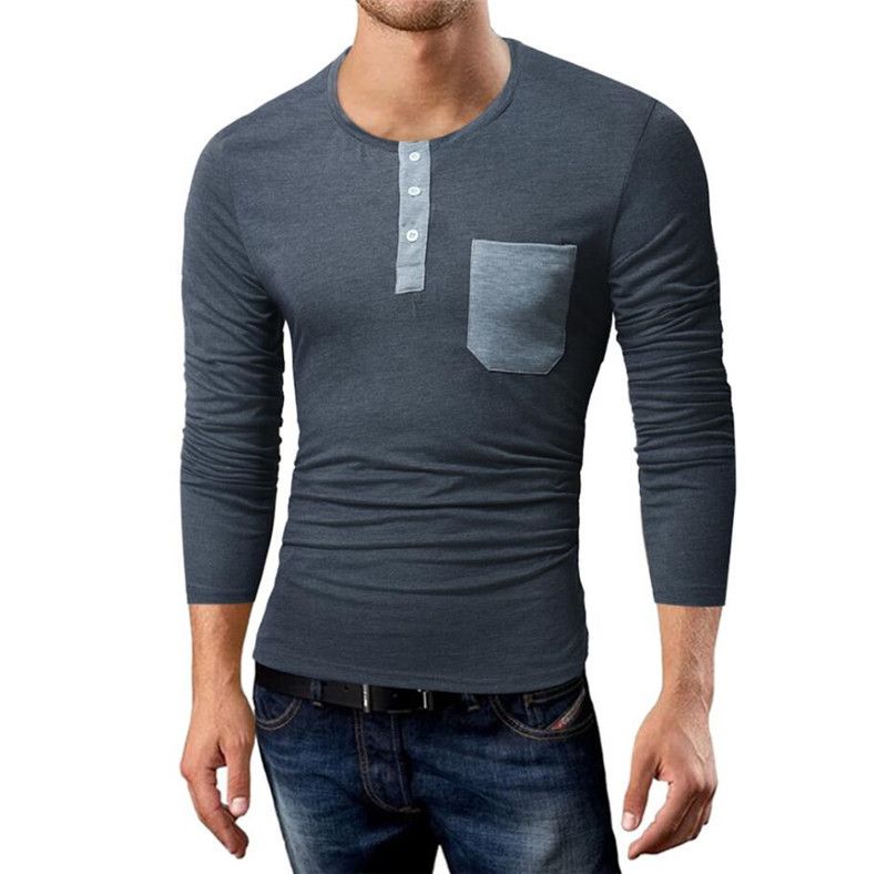 Mens Designer Contrast Color Tshirt Button Placket Long Sleeve Pocket ...