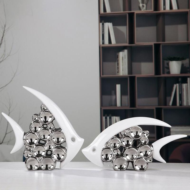 Silver Plated Bouble Couple Kiss Fish Vase Modern Europe Ceramic Furnishing Articles Office Home Livingroom Ornament Decoration