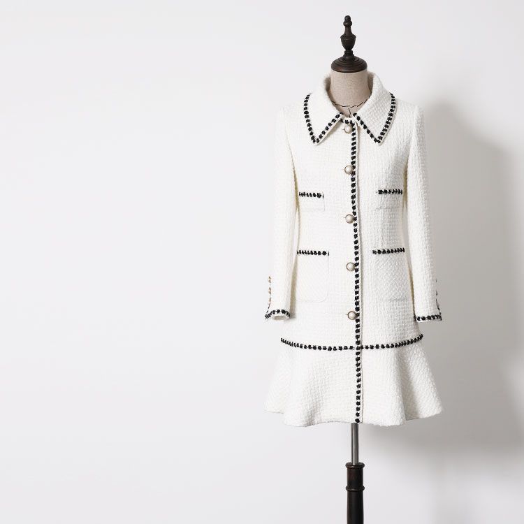 Women Black White Color Block Chains Tweed Winter Long Jackets Turn Women Black White Color Block Chains Tweed Winter Long Jackets Turn Down Collar Ruffles Hem Elegant Coats New 2018 Spring Leather Jacket From