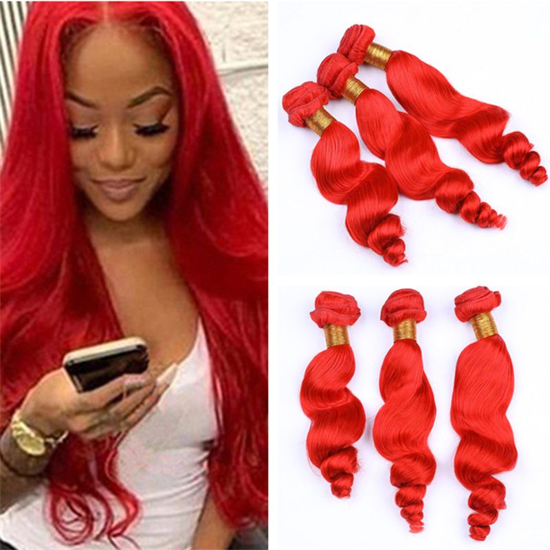 Bright Red Virgin Indian Hair Weave 3 Bundles Deals Loose Wave