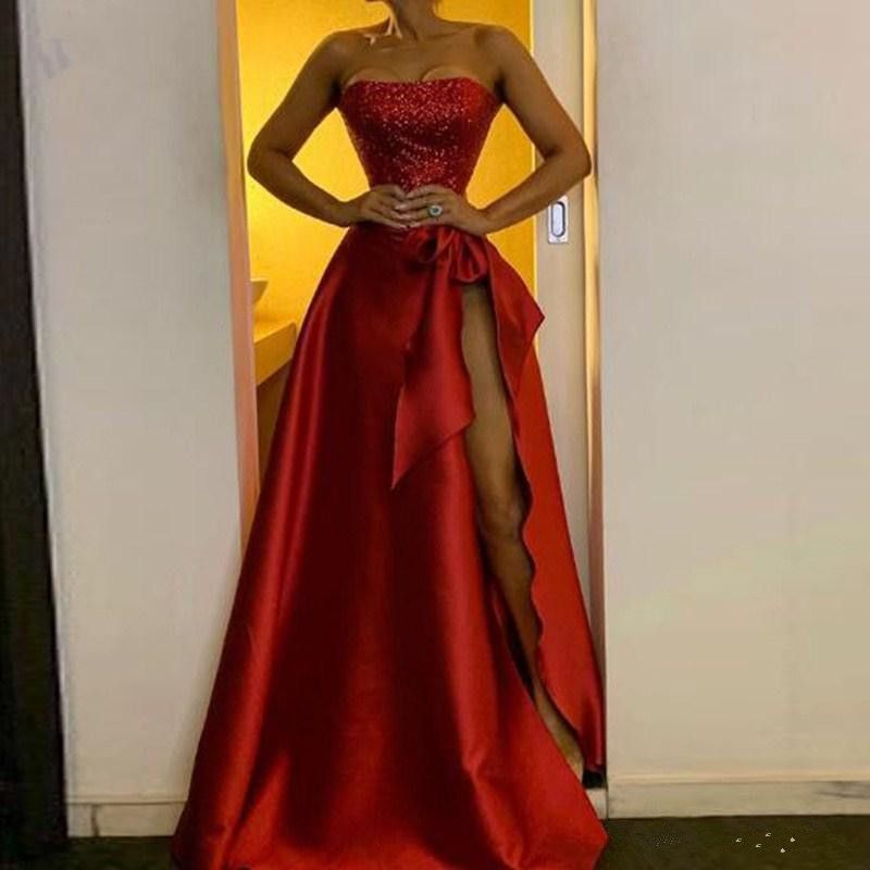 Sexy Red High Thigh Split Evening Dresses A Line Strapless Seuins Top