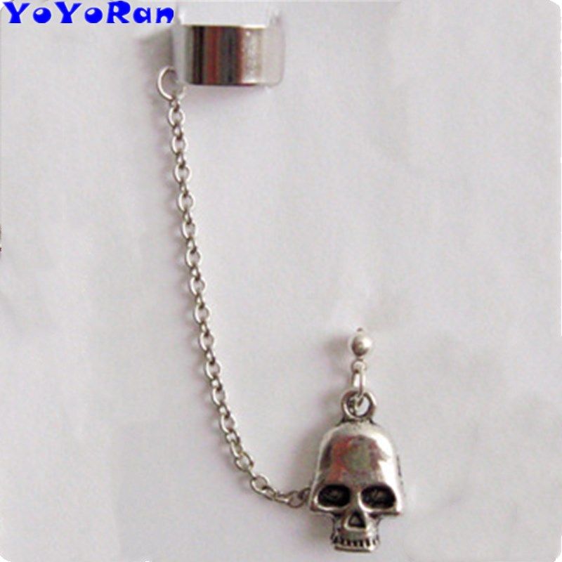 2021 Gothic Skeleton Chain Ear Cuff Clip Earring Man Woman Silver Metal