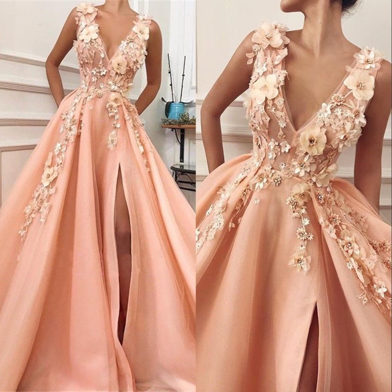 Elegant Peach Pink Prom Dress V Neck Sleeveless Long Side Slit With ...