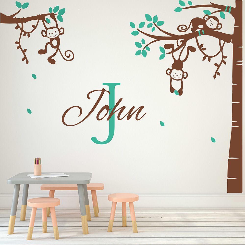 Corner Tree Wall Sticker Monkey Decal With Personalized Name For Children Room Nursery Removable Decor 710tc