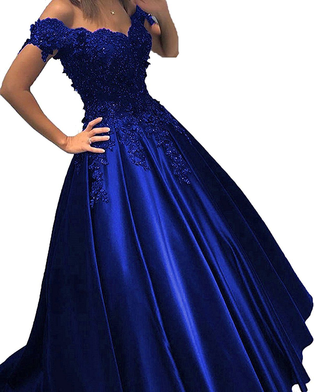 Royal Blue Cheap Prom Dress Ball Gown Off The Shoulder Lace 3D Flowers ...