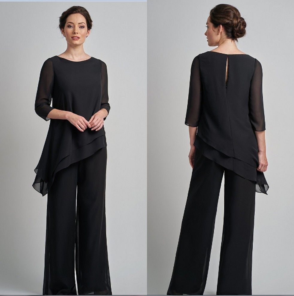 Black Plus Size Chiffon Mother'S Pants Suit Cheap Long ...