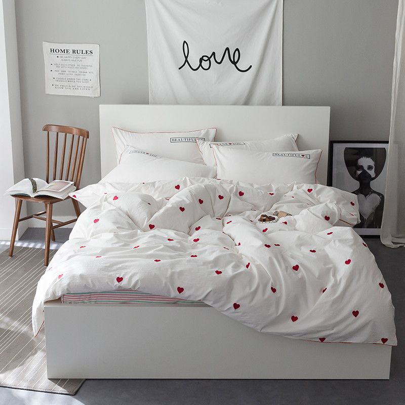 Pink Heart Cute White Bedding Set 100 Cotton Twin Queen King Size Bed Sheet Linen Duvet Cover Pillowcase Soft Bedclothes