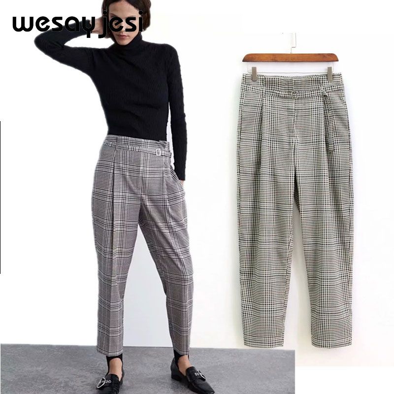Mode Taille Harajuku Angleterre Harem Pantalons Ceinture Femmes 2019 Haute Plus Plaid Pantalon De Costume Avec La Femme zMSUpGqLV