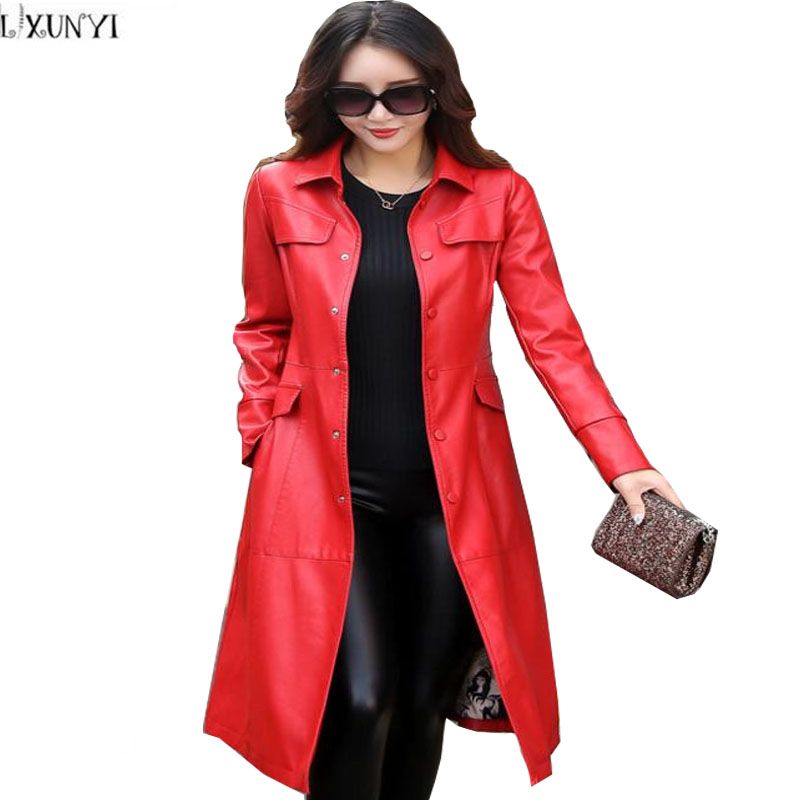 2019 Lxunyi Korean Fashion Slim Long Leather Coat Women Trench Coats Lxunyi Korean Fashion Slim Long Leather Coat Women Trench Coats With Belt Casual Plus Size S Jacket 3xl 4xl 5xl