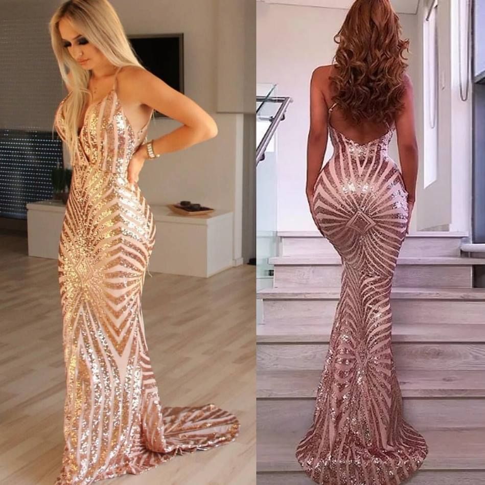 Rose Gold Sequined Prom Dresses 2019 New Sexy Backless Spaghetti Straps ...