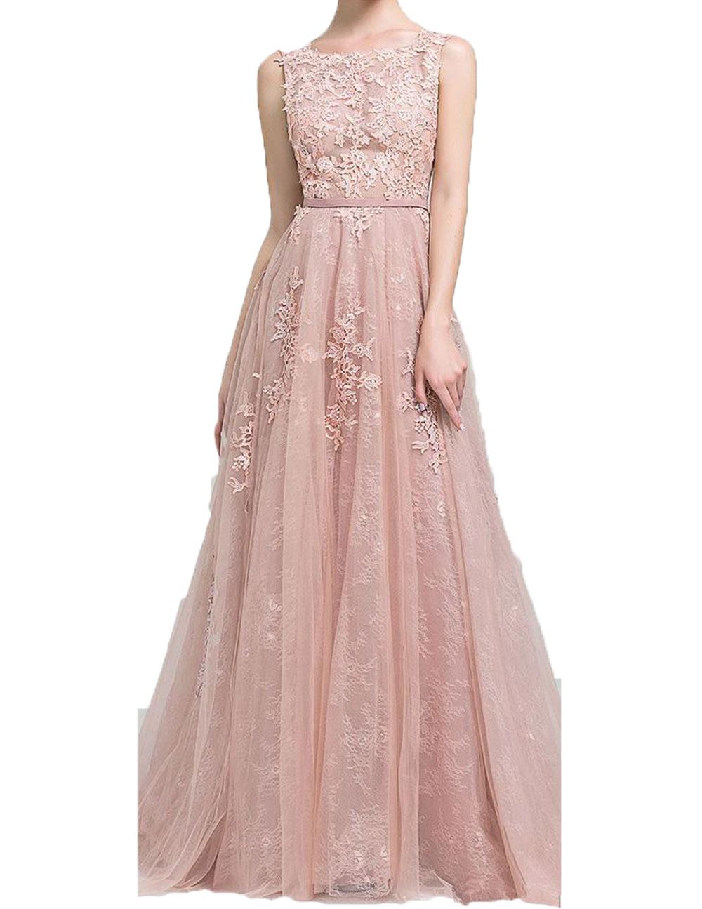 2019 Long Prom Dresses A Line Appliques Lace Sleeveless With Belt Blush ...