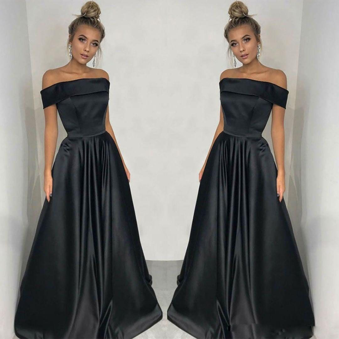 Simple Elegant Black Off Shoulders Long Prom Dresses A Line Satin Cheap