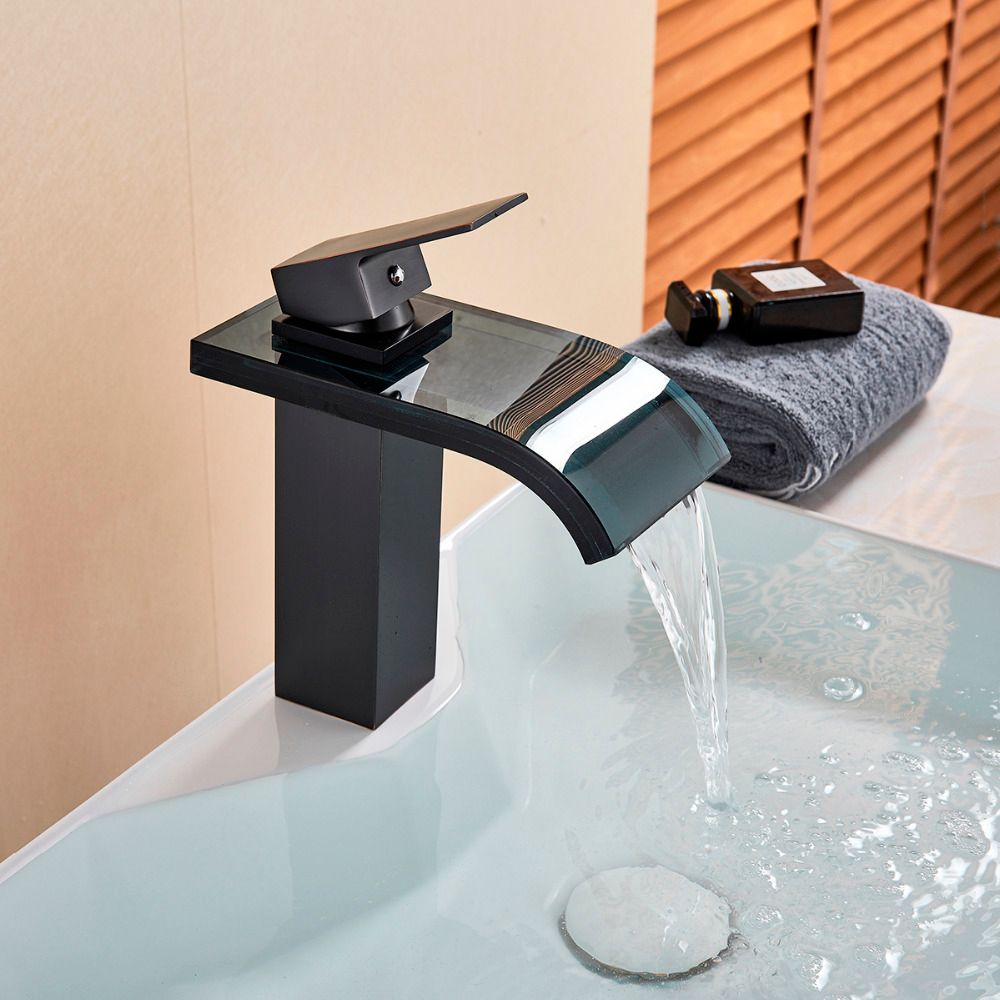 Bathroom Waterfall Basin Sink Faucet Black Bronze Single Hole Vessel Sink Mixer Tap Glass Spout Vanity Faucet