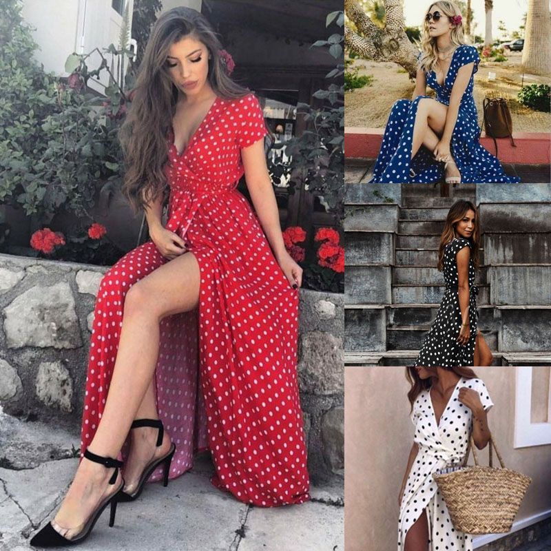 Women New Summer Vintage Polka Dots Maxi Dress Female