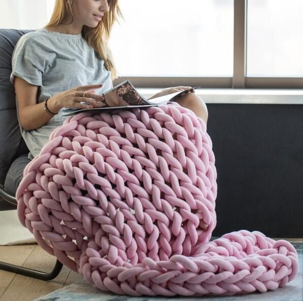 Handmade Chunky Knitted Blanket Thick Yarn Merino Wool Bulky Handmade Chunky Knitted Blanket Thick Yarn Merino Wool Bulky Warm Winter Sofa Bed Home Decor Throw Blankets Purple Chenille