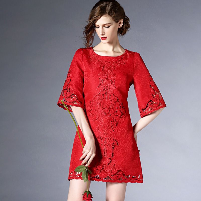 2021 Women'S Runway Dresses O Neck 3/4 Sleeves Embroidery Hollow Out Fashion Casual Designer 