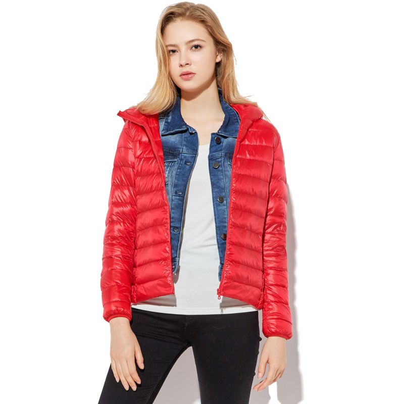 Women Red Pink Green Hooded Down Jacket Winter Warm Ultra Light Short White Duck Parka Elegant Coat Outwear Coats