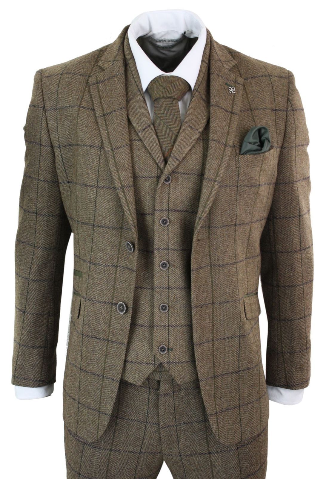 Fashion Mens Suits Tweed Tan Brown Check Wool Suit Peaky Blinders Navy ...