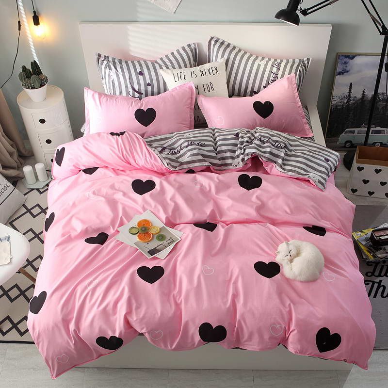 Pink Love A B Side Stripe Bedding Sets Duvet Cover Set Pillowcase Flat Sheet King Twin Full Queen Size 100 Polyester