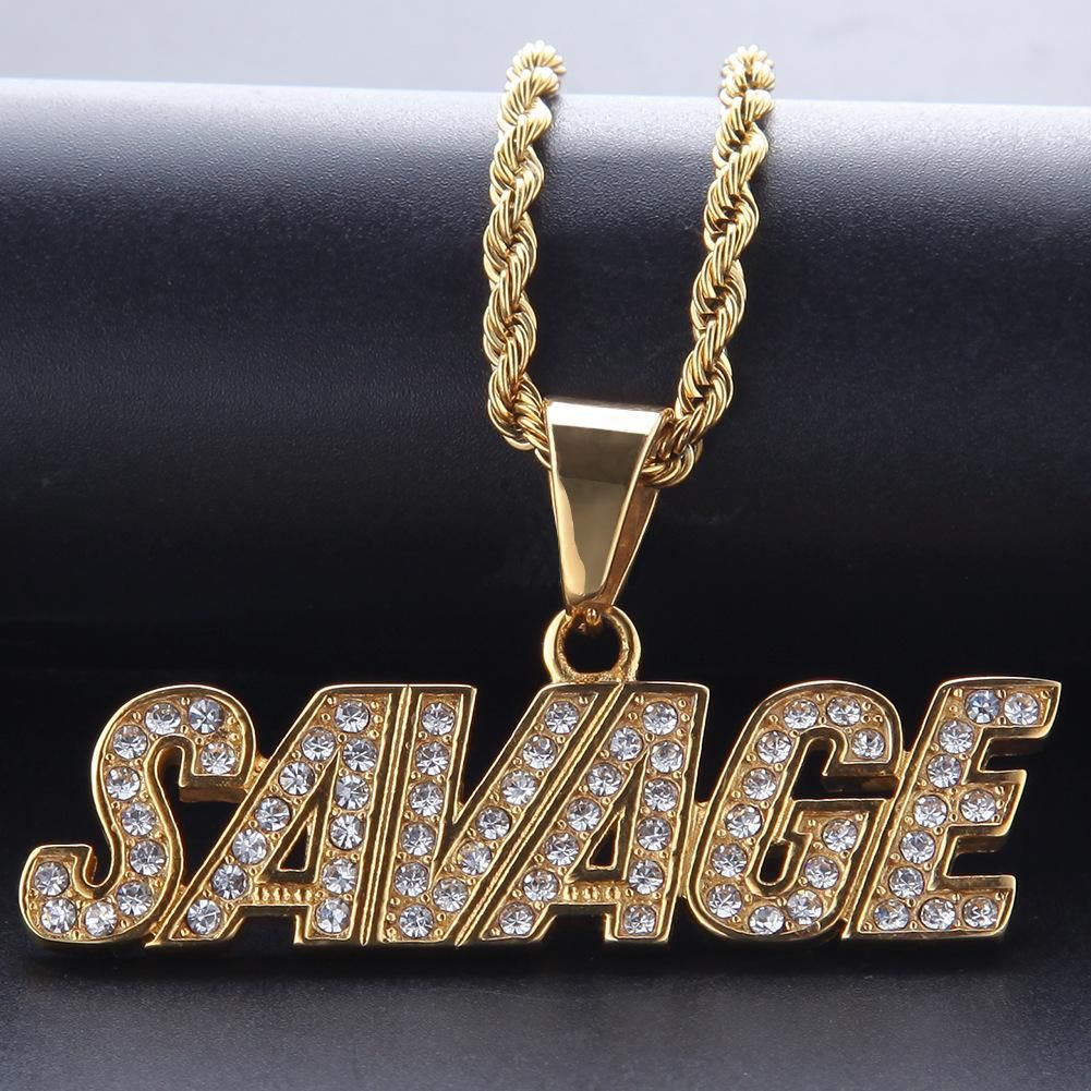 Wholesale Iced Out Full CZ Stone Mens 14k Gold Chains With SAVAGE Iced Out Pendant Necklace Hip ...