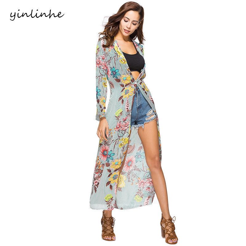 Yinlinhe Rose Blouse Chiffon Beach Cover Up Bohemian Kimono Plus Size Striped Shirts Women Long Sleeve Elegant Vestidos 033 C19042301
