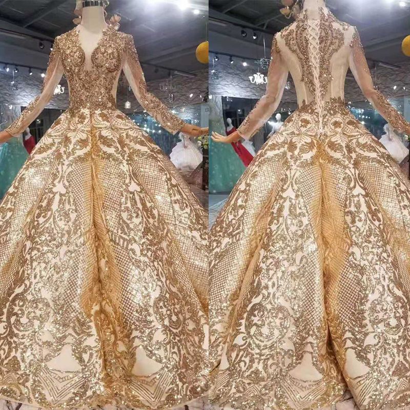 Luxurious Gold Wedding Dresses Ball Gown Off Shoulder Sequins Beading