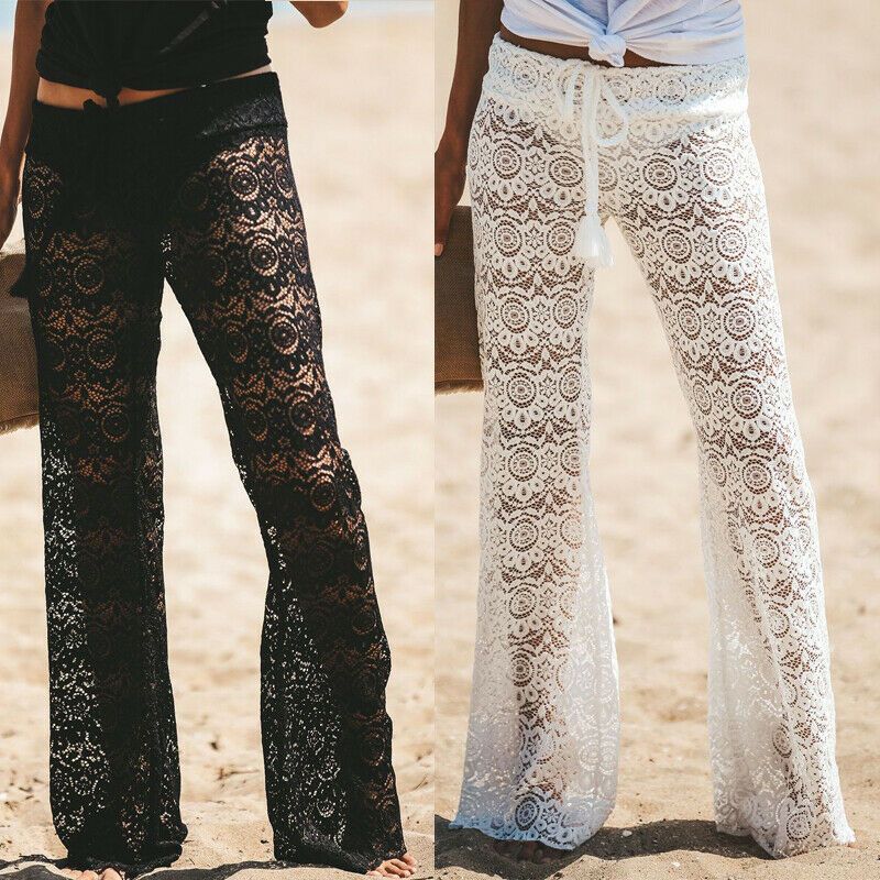2021 Summer Women Ladies Sheer Floral Lace Pants Beach Bikini Cover Up