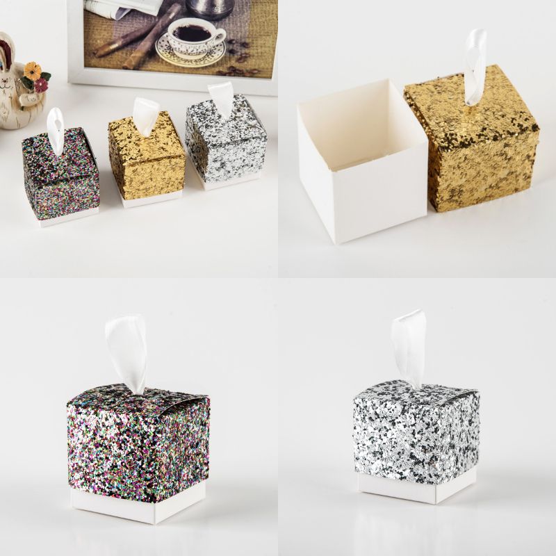Sparkly Gold Sliver Sequins Wedding Favors Paper Candy Box Square