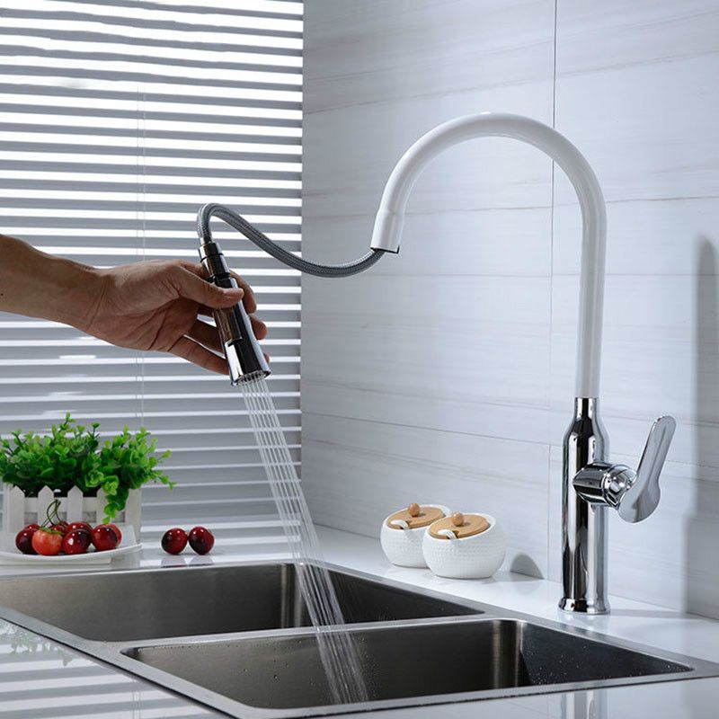 Pull Out Faucet White Chrome Plated Brass Kitchen Sink Mixer Tap Cold And Hot Single Hole Rotation Deck Mounted